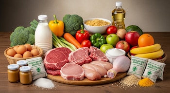 Cortes de carne, pollo, huevos, leche, brócoli, pimientos, zanahoria, cebollas, manzanas, naranjas, plátanos, cereales, aceite, azúcar, potitos, fertilizante agrícola.