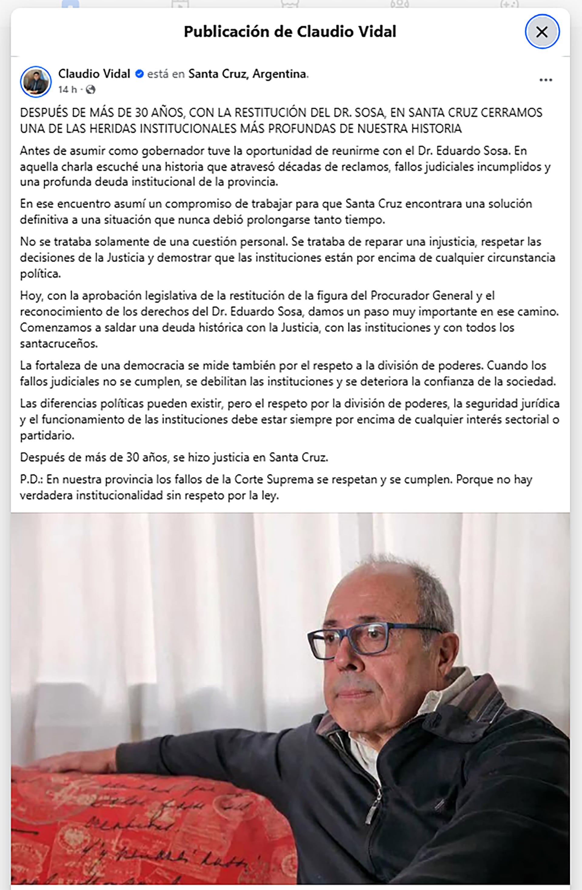 La publicación del gobernador Claudio Vidal en las redes sociales