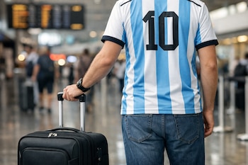 Persona de espalda con camiseta de Argentina número diez, pantalón vaquero y reloj de pulsera. Empuja una valija negra en un aeropuerto.
