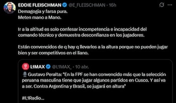 El tuit de Eddie Fleischman con su crítica hacia la FPF por querer jugar algunos partidos de la selección peruana en altura.