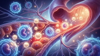 Visualización biomédica hiperrealista de células inmunológicas y tejido hepático rodeados de vasos sanguíneos, con moléculas de estrógeno brillantes.