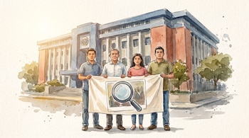 Ilustración en acuarela de cuatro personas con una pancarta frente a un edificio institucional con el escudo de El Salvador.