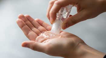 Primer plano de una mano que vierte alcohol en gel desde una botella transparente sobre la palma de otra mano, con fondo claro.