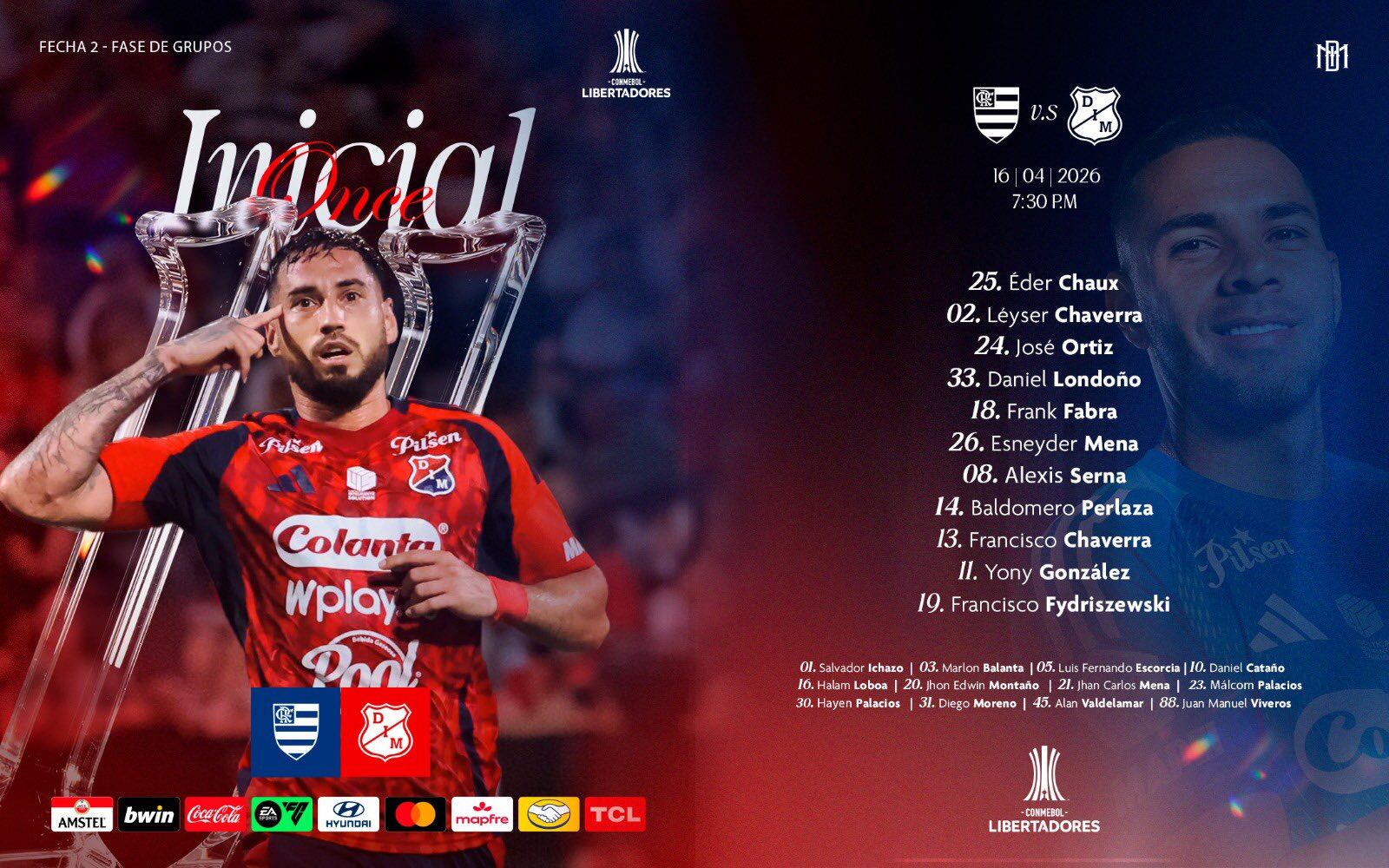 Alineación del Medellín contra Flamengo, por la fecha 2 del grupo A de la Copa Libertadores - crédito DIM