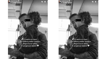 Fotografía en blanco y negro de Jota Benz sosteniendo a un niño pequeño con cabello rizado. La cara del niño está parcialmente censurada. Se lee un mensaje inspirador en la parte inferior