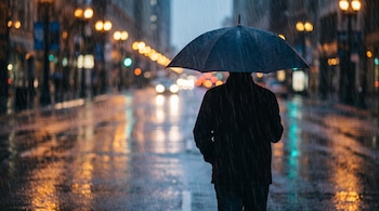 Una persona vista de espaldas camina por una calle mojada con un paraguas negro bajo la lluvia, con luces de ciudad difuminadas al fondo.