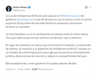 Víctor Muñoz también cuestionó alcances de nuevo proyecto de ley para regular la IA en Colombia