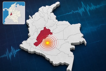 Mapa en relieve de Colombia con el departamento del Tolima resaltado en rojo y anillos concéntricos que marcan un epicentro sísmico.