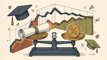 Balanza con un diploma en un plato y una moneda con un porcentaje en el otro, ante un gráfico de líneas y dos birretes.