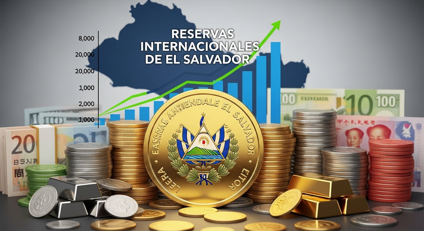 Las reservas internacionales de El Salvador muestran una tendencia al alza, simbolizadas por una moneda nacional de oro, barras de metales preciosos y billetes extranjeros, indicando fortaleza económica. (Imagen Ilustrativa Infobae)
