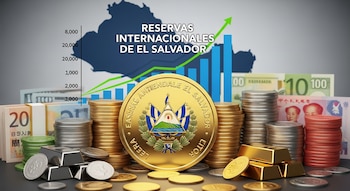 Una moneda de oro de El Salvador, barras de oro y plata, diversas monedas y billetes internacionales, con un gráfico de barras ascendente y el mapa del país al fondo.