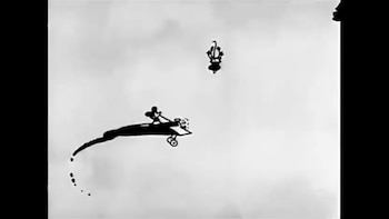 Una silueta en blanco y negro muestra una avioneta volando con una persona en la parte superior y otra persona en caída libre por encima