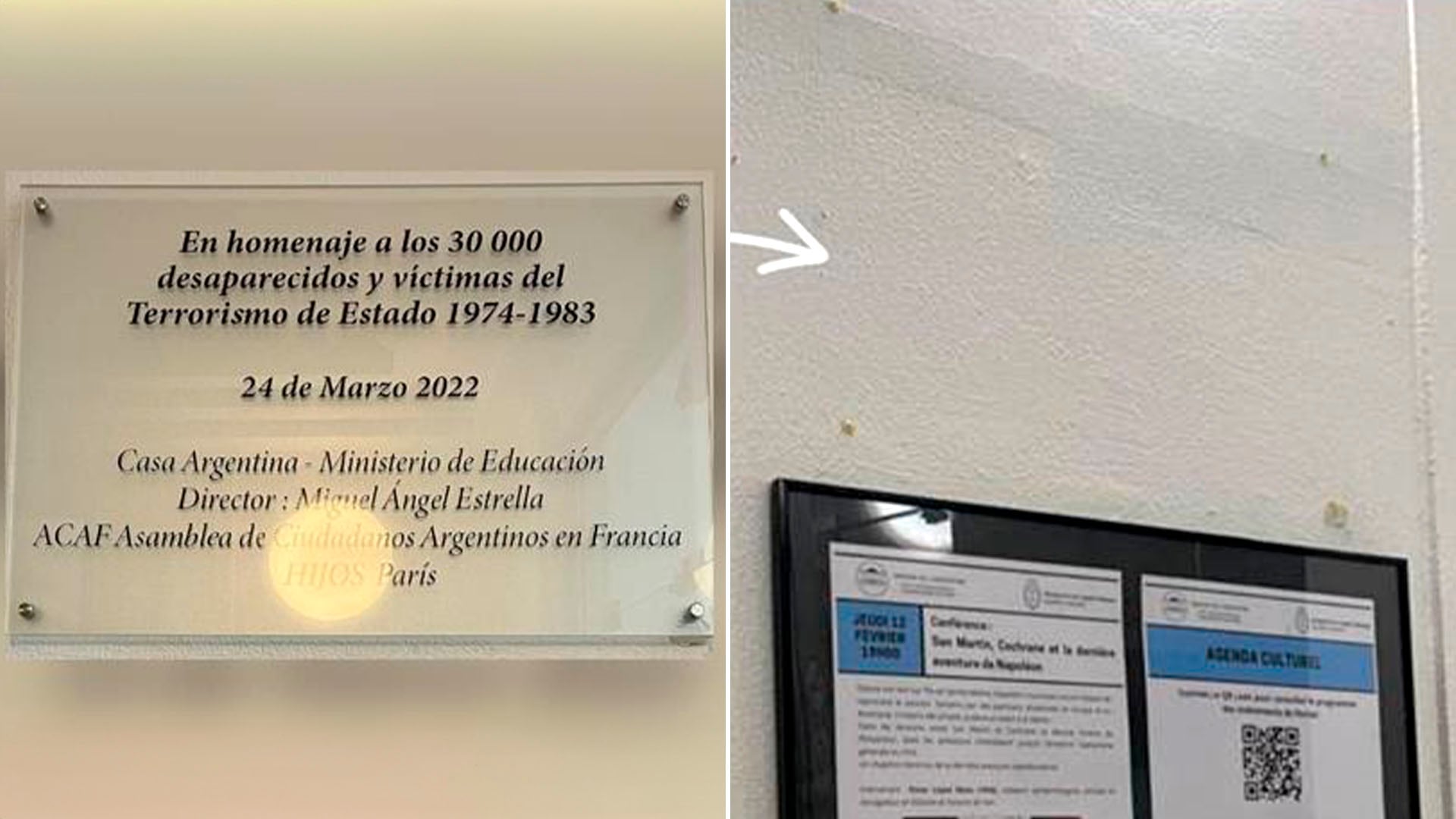 El antes y después de la placa conmemorativa a los 30 mil desaparecidos en la Casa Argentina de París
