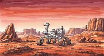 Ilustración en acuarela de un explorador robótico gris sobre el terreno rojizo de Marte, con rocas, montañas al fondo y un cielo degradado en tonos rojos y naranjas.