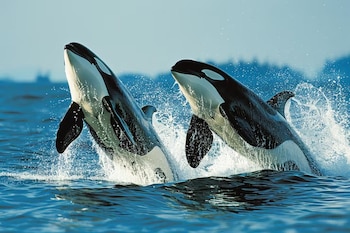 Dos orcas de color negro y blanco saltan fuera del agua azul del océano entre salpicaduras