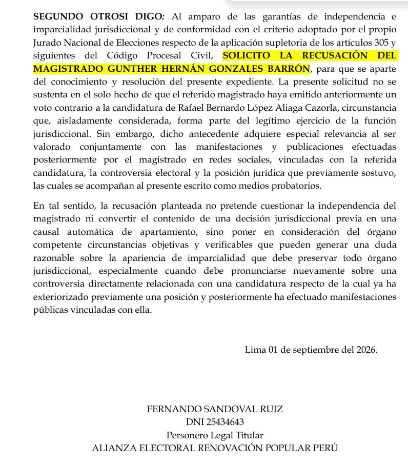Fernando Sandoval Ruiz, personero de Renovación Popular, pide la recusación del magistrado Gunther Gonzales Barrón ante el Jurado Nacional de Elecciones de Perú.