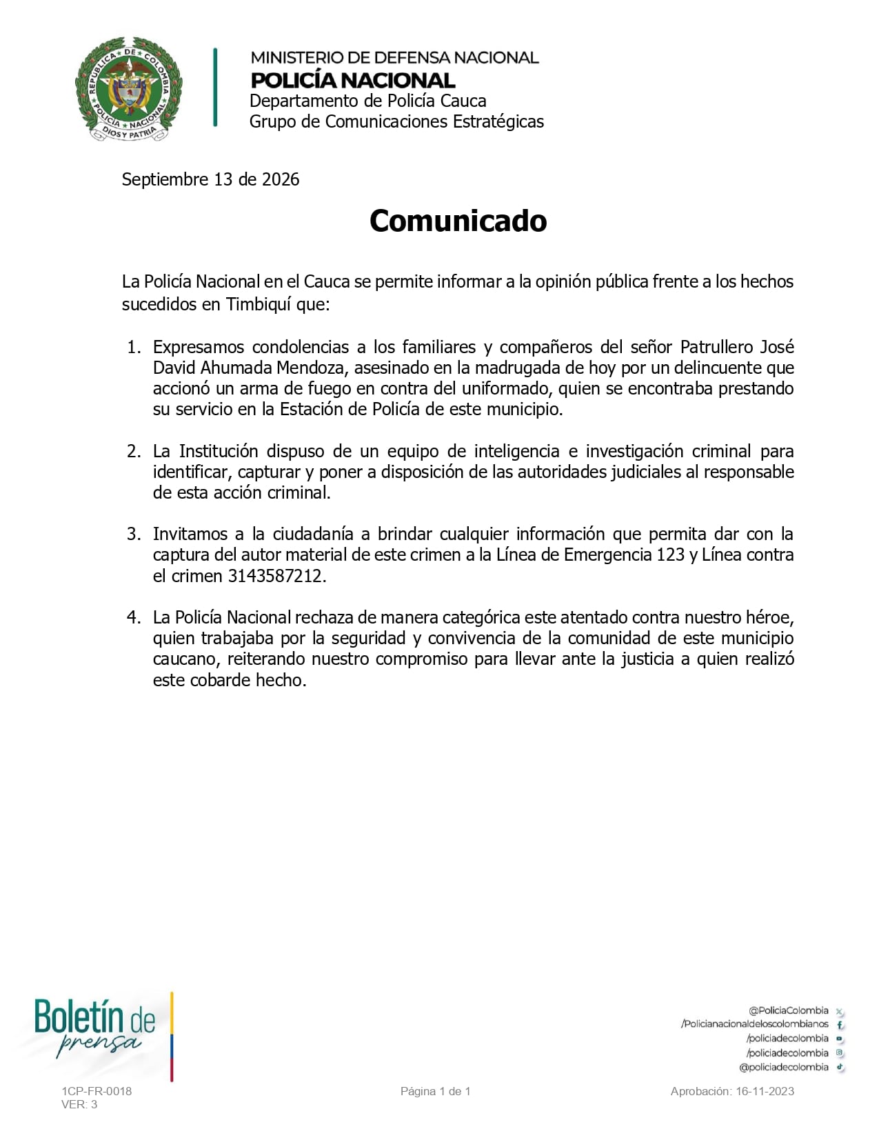 Comunicado de la Policía sobre el ataque en Timbiquí, Cauca - crédito Policía Nacional
