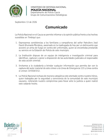 Comunicado de la Policía sobre el ataque en Timbiquí, Cauca - crédito Policía Nacional