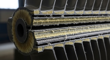 Primer plano de una sección transversal de una pala de turbina, revelando capas internas de material fibroso amarillo claro y láminas oscuras de fibra de carbono.