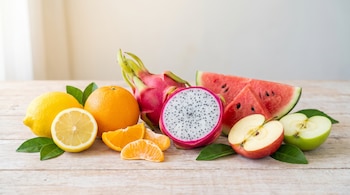 Limón entero y partido, naranja entera y en gajos, pitahaya cortada, sandía en rodajas, manzana roja y verde partidas por la mitad sobre madera clara.