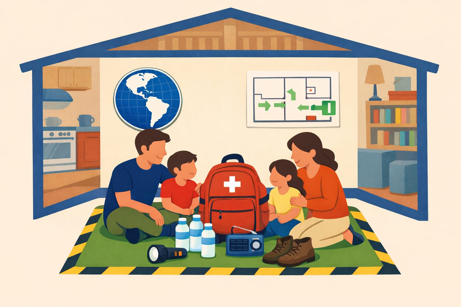 Una familia se reúne en una zona segura dentro de su hogar, con una mochila de emergencia, linterna, radio y agua, destacando la importancia de la cultura sísmica y la preparación ante desastres. (Imagen Ilustrativa Infobae)