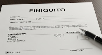 Un documento blanco con el título 'Finiquito', una pluma negra con punta metálica y texto impreso con números y campos de pago.