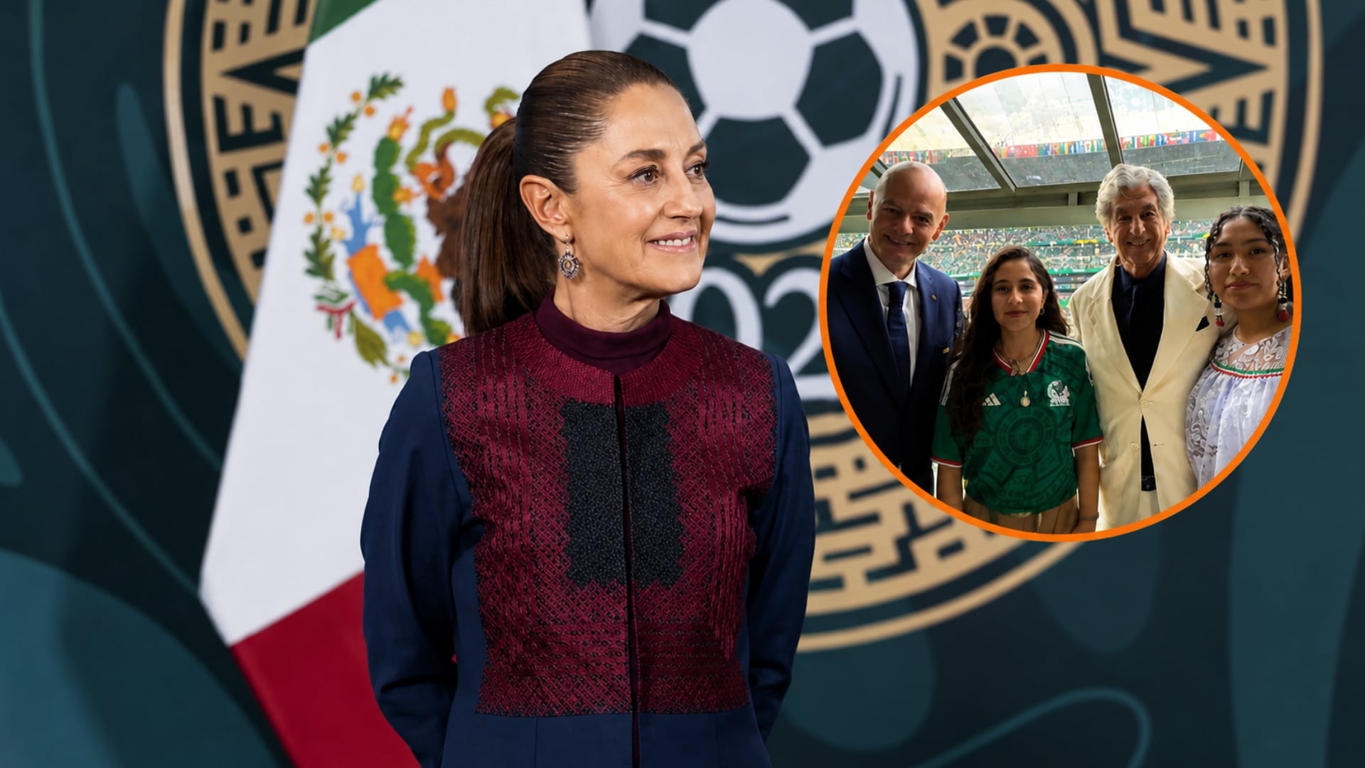 Claudia Sheinbaum, en la imagen principal, confirma con un video la asistencia al Mundial de la joven que recibió su boleto, visible en el recuadro junto a Gianni Infantino y otras personas. (Gobienro de México)