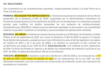 Las pretensiones de la congresista son mantener el resolutivo cuarto de la Sentencia C-264 de 2026 y, en consecuencia, el 1.º de abril de 2027 como fecha de entrada en vigor de las disposiciones de la Ley 2381 de 2024 declaradas exequibles - crédito @simonmolinag/X