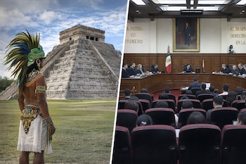 La imagen dividida muestra a la izquierda una persona maya con tocado de plumas frente a la pirámide de Chichen Itzá; a la derecha, el Pleno de la SCJN con jueces y público.