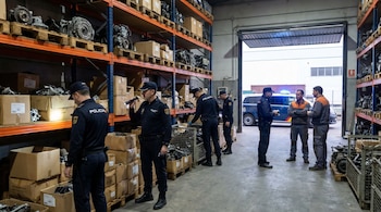 Varios agentes de policía uniformados inspeccionan cajas y estantes llenos de autopartes en el interior de una gran bodega, con un furgón policial a la entrada.