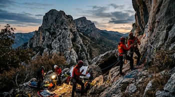Rescatistas con cascos y chaquetas de alta visibilidad manipulan cuerdas en una ladera rocosa al atardecer.