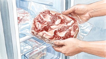 Dos manos sostienen una pieza de carne en una bolsa transparente al vacío frente a las estanterías de un congelador abierto.