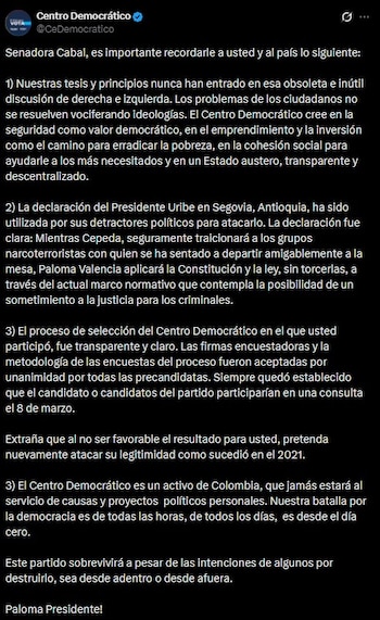 Comunicado del Centro Democrático en el que responde a las críticas de la senadora María Fernanda Cabal y defiende la transparencia de sus procesos internos de selección de candidatura - crédito Centro Democrático/X