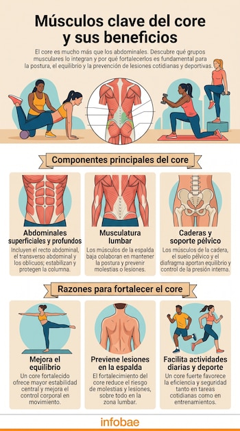Infografía sobre el core que muestra ilustraciones de la anatomía muscular abdominal y lumbar, junto con personas realizando ejercicios físicos.