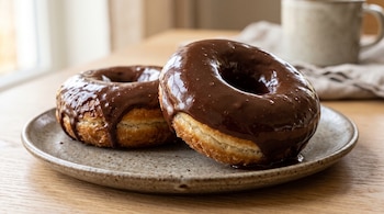 Dos donuts con cobertura brillante de chocolate sobre un plato de cerámica, en una mesa de madera y con una taza al fondo.