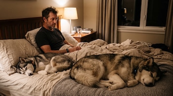 Un hombre sentado en una cama junto a un husky siberiano y un malamute de Alaska dormidos bajo la luz de una lámpara de noche.