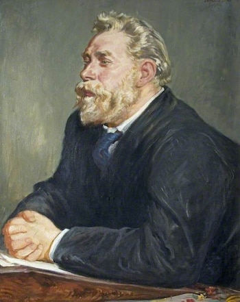 Retrato al óleo de William Ernest Henley, con barba y cabello rubio, vistiendo un traje oscuro. Está sentado, con las manos entrelazadas sobre una mesa