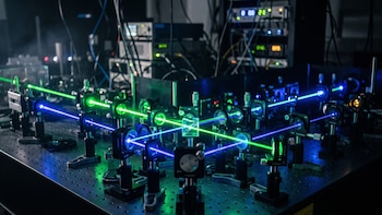 Haces de luz láser de color verde y azul se cruzan a través de lentes y espejos montados sobre una mesa de laboratorio