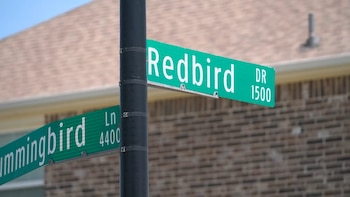 Un poste negro sostiene dos letreros verdes de calle con las inscripciones Redbird Dr 1500 y Hummingbird Ln 4400, con un edificio de ladrillo detrás