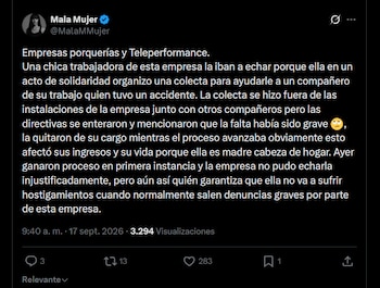 La defensa denunció que el intento de desvinculación de Teleperformance avanzó sin las garantías de debido proceso que correspondían por la representación sindical - crédito X