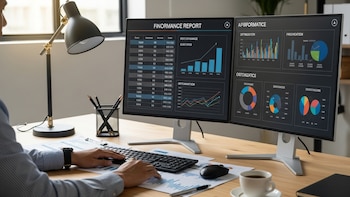 Análisis financiero y de desempeño en oficina moderna - VisualesIA ScribNews