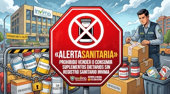 Cartel octogonal rojo de alerta sanitaria frente a una sede oficial, frascos etiquetados sin registro y un funcionario que sella cajas.