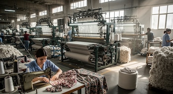 Una mujer cose tela en una máquina de coser, con maquinaria de tejido, pilas de algodón y otros trabajadores visibles en una fábrica textil.