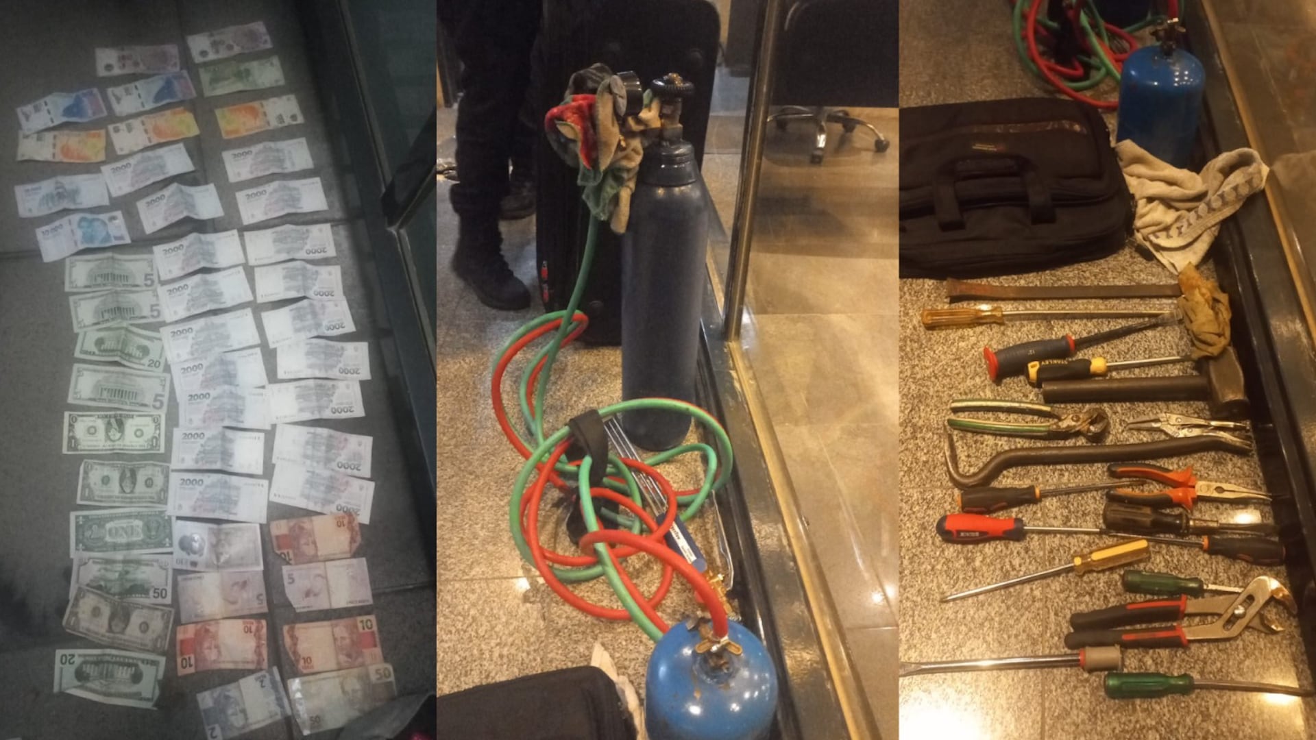Las imágenes muestran dinero en efectivo, diversas herramientas y equipo de corte con cilindros de gas incautados en un operativo.