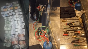 Imagen dividida en tres: billetes de distintas divisas, herramientas diversas y dos cilindros de gas con mangueras roja y verde