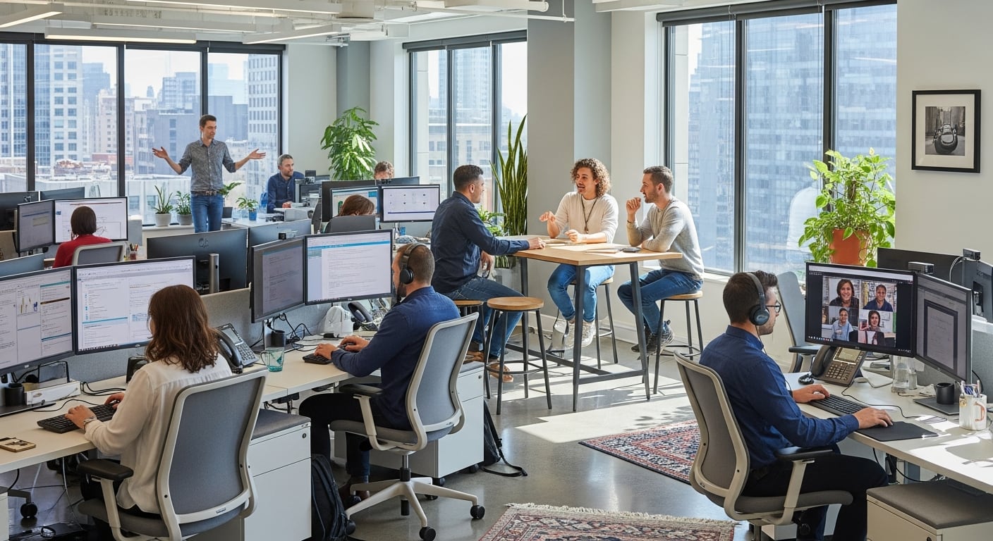 Empleados colaboran y trabajan individualmente en un espacio abierto de oficinas. (Imagen Ilustrativa Infobae)