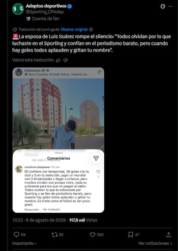 Pese a que el delantero cerró los comentarios en su cuenta de Instagram, el portal de fanáticos del cuadro lisboeta reseñaron el comentario de Carolina Rubia-crédito @Sporting_CPAdep/X