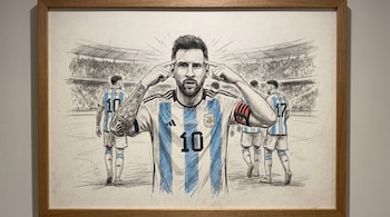 Dibujo enmarcado de Lionel Messi con la camiseta de la selección argentina número 10, señalándose la cabeza con ambos dedos. Otros jugadores aparecen detrás.