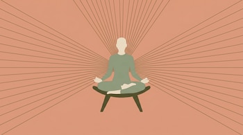 Ilustración plana de figura meditando en posición de loto sobre asiento colihue. Cuerpo verde salvia, rayos beige oscuro emergen de la espalda sobre fondo terracota.