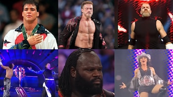 Seis luchadores profesionales en un collage: Kurt Angle, Edge, Christian, Matt Hardy, Jeff Hardy, Mark Henry y Mickie James en sus atuendos de combate